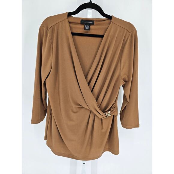 Grace Elements Womens Sz XL 3/4 Sleeve Faux Wrap Blouse Dark Beige V Neck - Picture 1 of 4